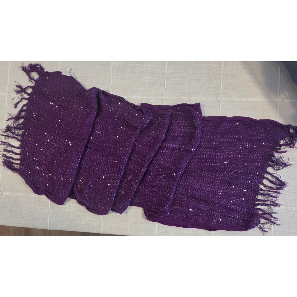 New York & Company Purple Sequin Scarf Viscose Fringe Wrap Plum Shimmer Scarf